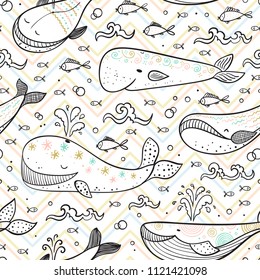 Cartoon Ocean Animals Background for Kids. Vector Seamless Pattern with Different Cute Whales, Small Fishes and Sea Waves