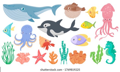 Cartoon ocean animals. Funny blue whale, cute hedgehog fish and orca. Octopus, squid and seahorse. Underwater sea life vector illustration set. Ocean fauna, dolphin seahorse, octopus and jellyfish