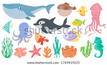 Cartoon ocean animals. Funny blue whale, cute hedgehog fish and orca. Octopus, squid and seahorse. Underwater sea life vector illustration set. Ocean fauna, dolphin seahorse, octopus and jellyfish