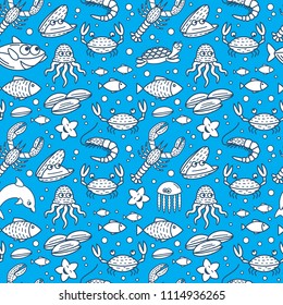 Cartoon ocean animals pattern with fish, crab and shark. Vector seamless texture in linear style. Design for kids, wrapping paper, books, wallpapers, interior, fabric and clothes