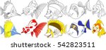 Cartoon ocean animals set. Butterfly fish, koi carp, angelfish, triggerfish, goldfish. Coloring book pages for kids.