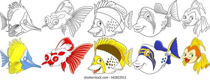 Cartoon ocean animals set. Butterfly fish, koi carp, angelfish, triggerfish, goldfish. Coloring book pages for kids.