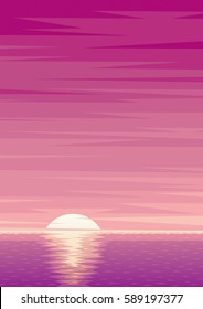 Cartoon ocean background with sunrise and copy space. 