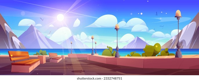 Cartoon ocean embankment promenade landscape scene. Seaside cartoon nature panoramic background with lantern, bench and sea water. on sunny day. Beautiful scandinavian waterfront exterior to walk