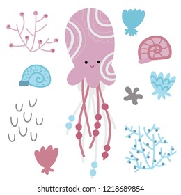 cartoon ocean inhabitants. vector illustration. set of pink jellyfish, seaweed, clams, shells.