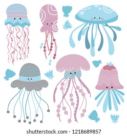 cartoon ocean inhabitants. vector illustration. a set of pink, blue, gray jellyfish, seaweed, clams, shells.