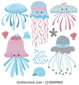 cartoon ocean inhabitants. vector illustration. a set of pink, blue, gray jellyfish, seaweed, clams, shells.