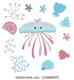 cartoon ocean inhabitants. vector illustration. set of gray jellyfish, algae, clams, shells.