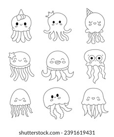 Cartoon ocean jellyfish. Coloring Page. Kawaii medusae with big eyes. Cute sea creatures and animals. Hand drawn style. Vector drawing. Collection of design elements.