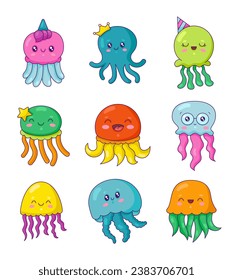 Cartoon ocean jellyfish. Kawaii medusae with big eyes. Cute sea creatures and animals. Hand drawn style. Vector drawing. Collection of design elements.