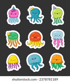 Cartoon ocean jellyfish. Sticker Bookmark. Kawaii medusae with big eyes. Cute sea creatures and animals. Hand drawn style. Vector drawing. Collection of design elements.