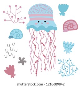 cartoon ocean residents. vector illustration. set of blue jellyfish, seaweed, clams, shells.