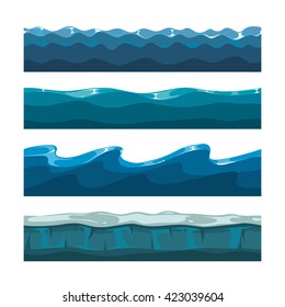 Cartoon Ocean Or Sea Waves Vector Patterns For Computer Games. Water Waves Horizontal Seamless Backgrounds