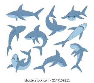 Cartoon ocean shark mascots, marine predator creatures. Swimming shark underwater creature, scary marine fauna creature vector symbols illustration set. Ocean shark predator