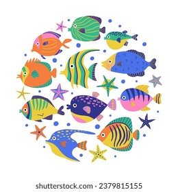 Cartoon ocean underwater animals,  fishes, starfishes. Marine life background. Ocean wild life round composition. Hand drawn vector illustration isolated on white background. 