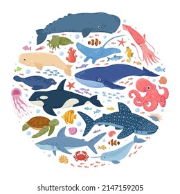 Cartoon ocean underwater animals, seahorse, medusa, whale and fish. Ocean wild life, sea animals round composition vector concept illustration. Marine fauna mascots