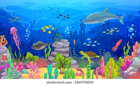 Cartoon ocean underwater landscape with dolphin, turtle and fish shoals, vector background. Jellyfish, squid and stingray between seaweeds in undersea coral reef landscape for arcade game level