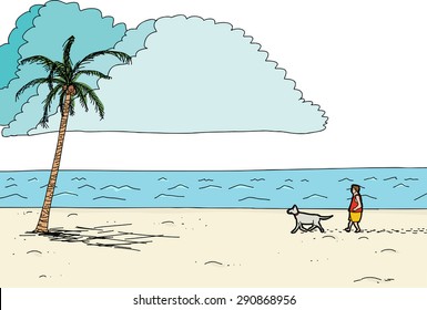 Cartoon ocean waterfront with man and pet with clouds