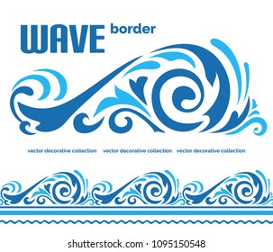 Cartoon ocean wave, blue sea water splash on white and wavy border ornament, vector illustration