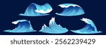 Cartoon ocean wave set. Stormy water elements with dynamic blue surf peaks and white foam crests and splashing droplets on dark background for sea animation, game design or marine illustrations.