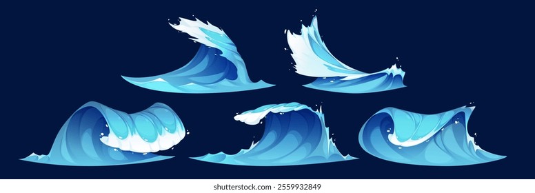 Cartoon ocean wave set. Stormy water elements with dynamic blue surf peaks and white foam crests and splashing droplets on dark background for sea animation, game design or marine illustrations.