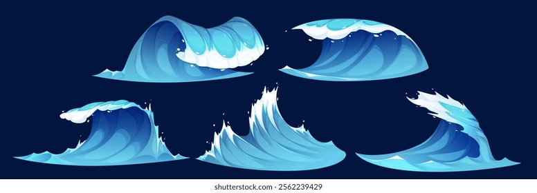 Cartoon ocean wave set. Stormy water elements with dynamic blue surf peaks and white foam crests and splashing droplets on dark background for sea animation, game design or marine illustrations.