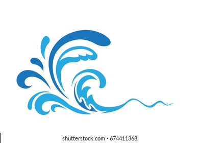 Cartoon ocean wave, surf, blue sea water splash on white, vector illustration