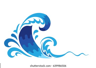 Cartoon ocean wave, surf, vector illustration of blue sea water splash on white