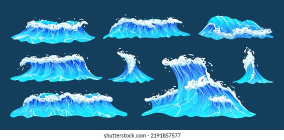 Caricatura sobre la colección de olas oceánicas. Conjunto de olas de mar azules con ilustración vectorial de espuma blanca