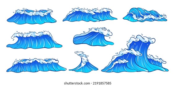 Olas oceánicas de dibujos animados. Colección de olas de mar azules con ilustración vectorial de espuma blanca