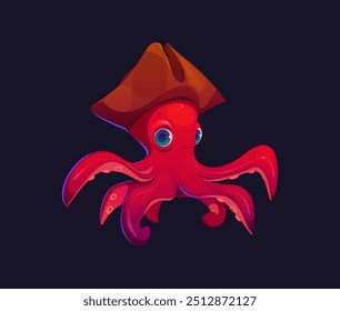 Caricatura pulpo animal pirata personaje. Aislado Vector rojo, cómico, travieso mar diablo corsario personaje con tentáculos, lleva sombrero de capitán tricornio, listo para juegos aventureros en alta mar