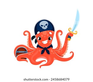 Cartoon octopus animal pirate corsair character with treasure chest and saber. Isolated vector comic sea devilfish personage wears smile and sailor bandana, defends loot with a sword in its tentacle