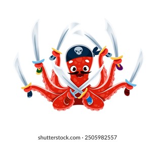 Cartoon octopus animal pirate corsair character. Isolated vector funny kraken sailor personage brandishing sabers, its tentacles swirling with mischief, ready for a nautical adventure on the high seas