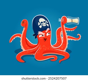 Cartoon polvo animal pirata corsário personagem vestindo bandana com um emblema de crânio, segurando uma mensagem em uma garrafa com uma expressão maliciosa. Vetor engraçado kraken pronto para uma aventura náutica