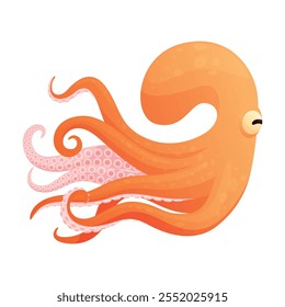 Un pulpo de dibujos animados con un color naranja brillante, tentáculos rizados y una expresión juguetona, nadando con confianza mientras muestra su anatomía única.