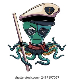 Capitán de pulpo de dibujos animados con un sombrero de capitán, gafas de sol y un pañuelo rojo, sosteniendo una porra, con una expresión severa. Ilustración para comics de fantasía, ciencia ficción y aventura