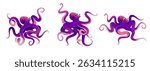 Cartoon octopus character with purple tentacles - playful sea creature swim, twist and wave arms. Marine animal with curly limbs and suction cups for underwater adventure game or ocean illustrations.