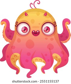 Cartoon octopus character smiling, showing big eyes, small horns, pink and yellow colors, ideal for children s illustrations, fantasy stories, games, and other creative projects