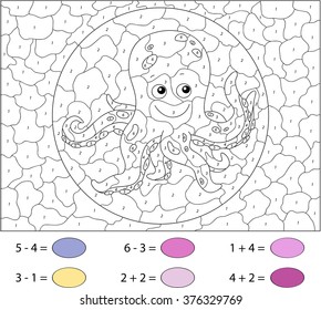 Cartoon octopus. Color by number educational game for schoolchild and preschool kids