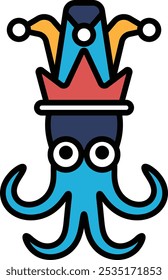 A cartoon octopus with a crown on its head. The octopus has a funny and playful expression