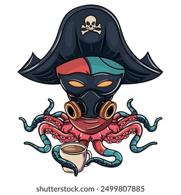 Un pulpo ciber de dibujos animados con un sombrero pirata, una máscara y una máscara de gas, sosteniendo una taza de café. Ilustración para comics de fantasía, ciencia ficción y aventura