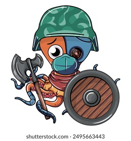 Cíborg de pulpo de dibujos animados adornado con un casco militar y una máscara colorida, empuñando un hacha de doble cabeza y sosteniendo un escudo de madera. Ilustración para comics de fantasía, ciencia ficción y aventura