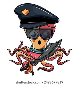 Un cyborg de pulpo de dibujos animados, vestido como un oficial de policía con un sombrero y gafas de sol, empuña un cuchillo y una espada, exudando un ambiente fresco y seguro. Ilustración para fantasía, ciencia ficción y aventura