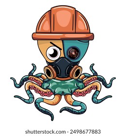 Un pulpo de dibujos animados con un ojo cyborg, que lleva un casco de construcción y una máscara de gas, tiene una expresión determinada. Ilustración para comics de fantasía, ciencia ficción y aventura