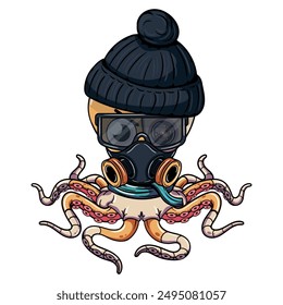 Cartoon octopus cyborg robot wearing a beanie, gas mask, and goggles, exuding a cool, mysterious vibe. Perfect for edgy, urban designs. Illustration for fantasy, science fiction and adventure comics