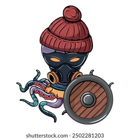 Cíborg de pulpo de dibujos animados con un gorro, máscara y máscara de gas, sosteniendo un escudo. Ilustración para comics de fantasía, ciencia ficción y aventura