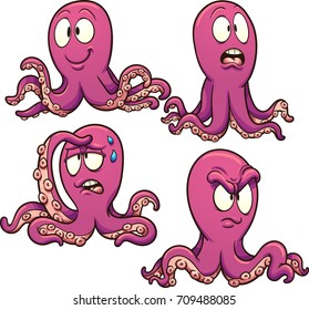 Cartoon octopus with different expressions. Vector clip art illustration with simple gradients. Each on a separate layer. 