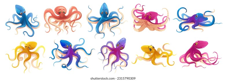 Cartoon octopus. Funny colorful sea invertebrates, giant shellfish, marine krakens, ocean inhabitants, multi legged animals, ocean predatory mollusk, isolated elements, tidy vector set