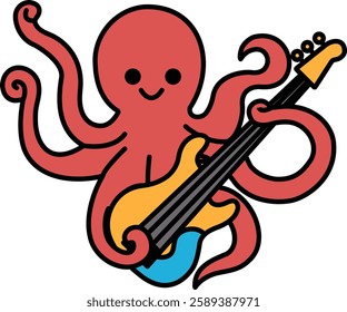 A cartoon octopus holding a guitar. The octopus is smiling and the guitar is yellow and black