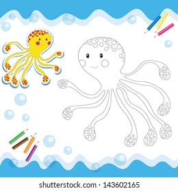 Cartoon octopus isolated on white. Coloring book. Vector illustration.